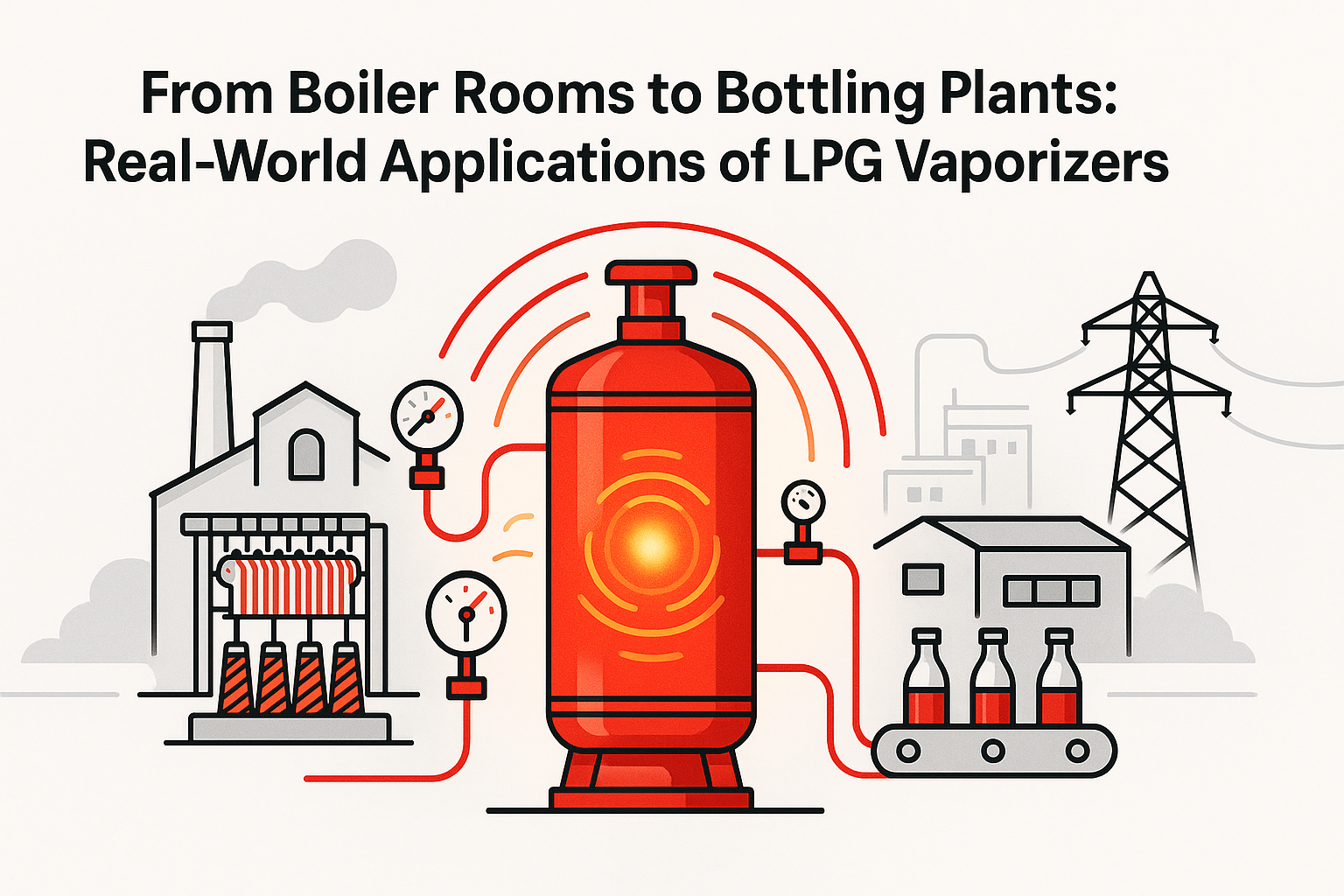 Illustration showing LPG vaporizer applications in textile, food, and energy industries—central vaporizer emitting energy waves linking factories and power grids