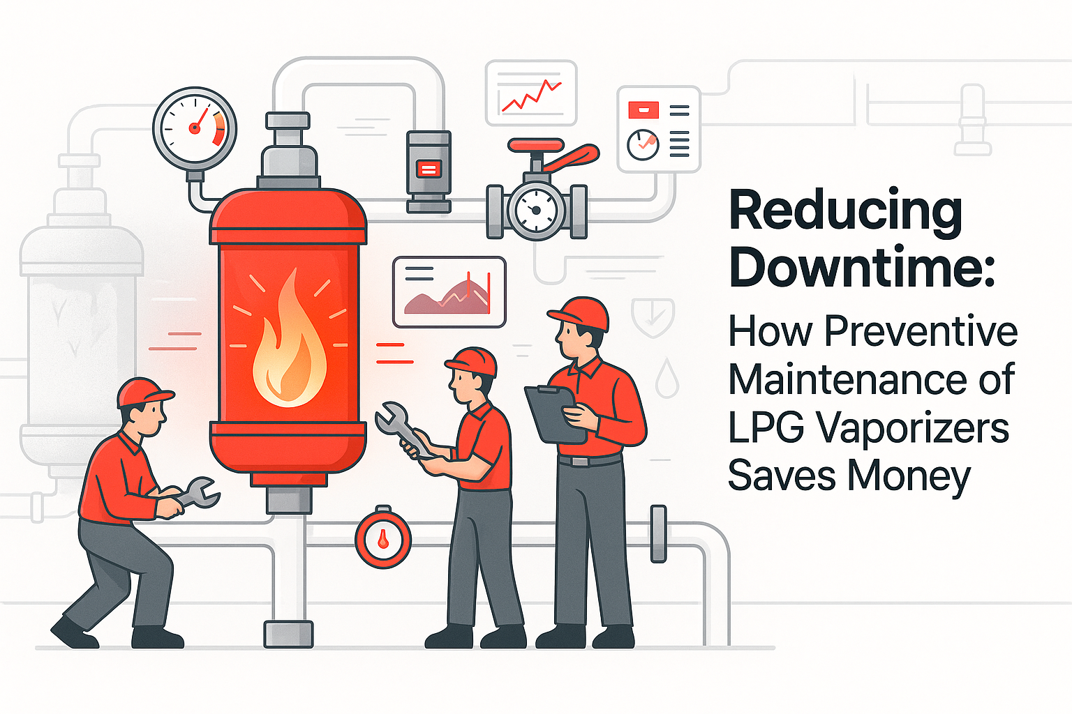 Industrial engineers performing LPG vaporizer maintenance on gas pipeline system — showcasing preventive care, safety valves, and thermostats to reduce downtime and save costs