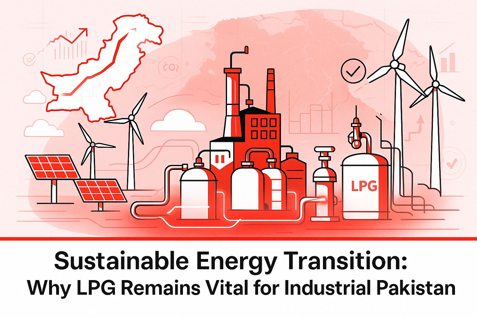 Illustration of Pakistan’s sustainable energy transition showing LPG storage tanks, solar panels, and wind turbines representing LPG energy Pakistan