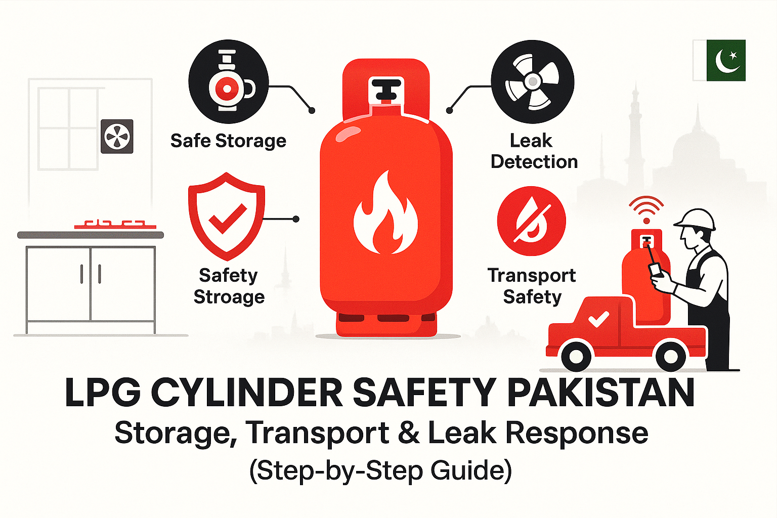 LPG cylinder safety Pakistan – safe home gas storage, transport, and leak response illustration