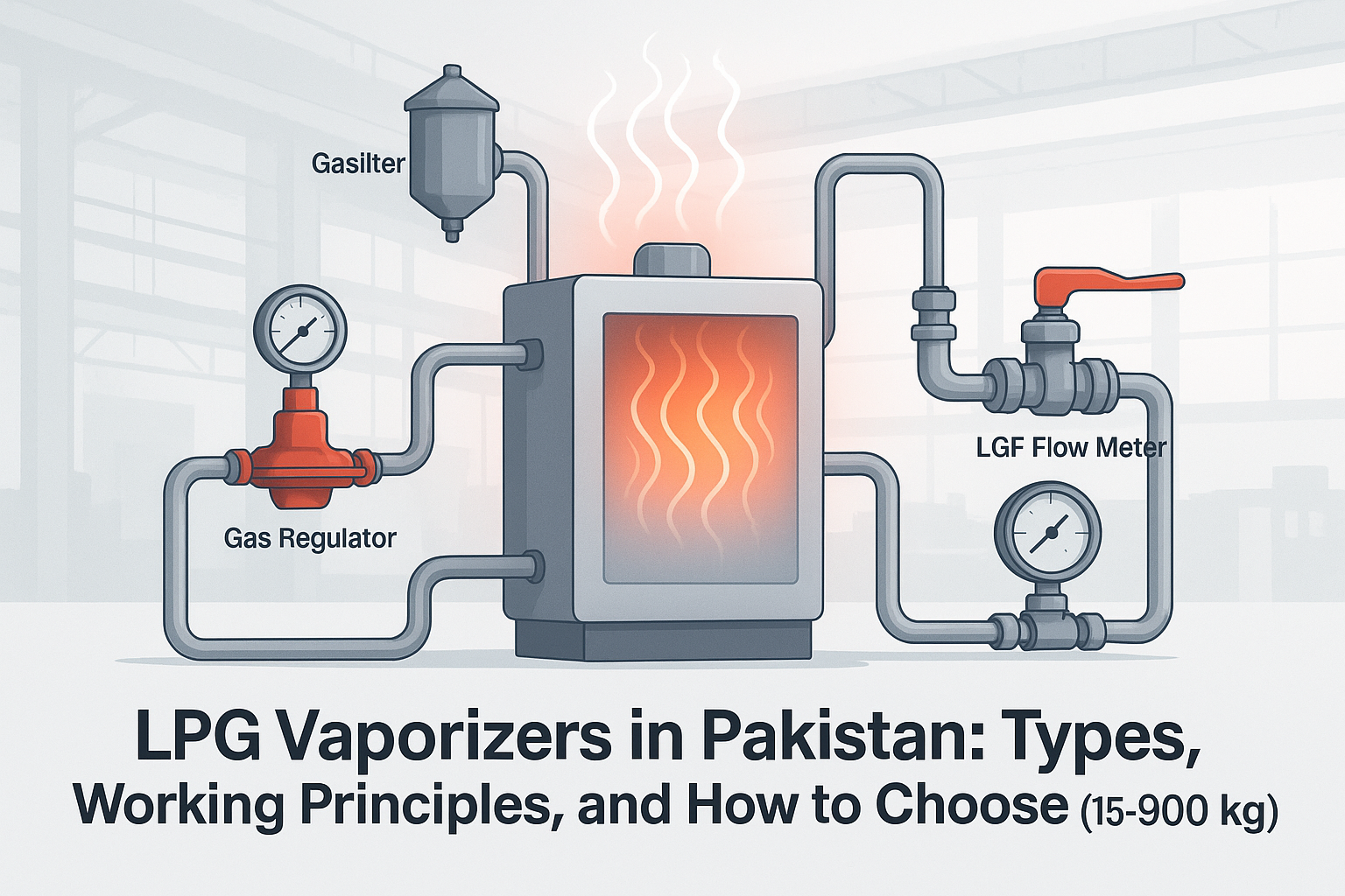 LPG vaporizers in Pakistan – Industrial LPG system with vaporizer, regulator, and safety valves