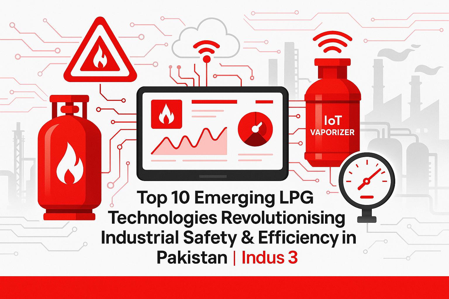 Illustration showing modern LPG technologies in Pakistan with IoT vaporizers, smart safety systems, and industrial automation — Indus 3 blog visual.