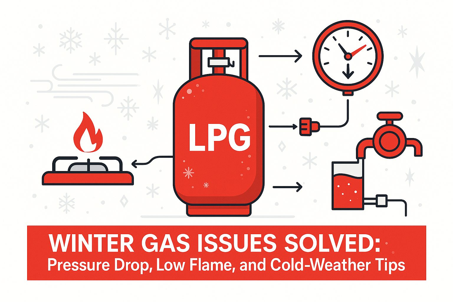 Featured image showing winter LPG in winter Pakistan issues like pressure drop, weak flame and cold-weather troubleshooting tips