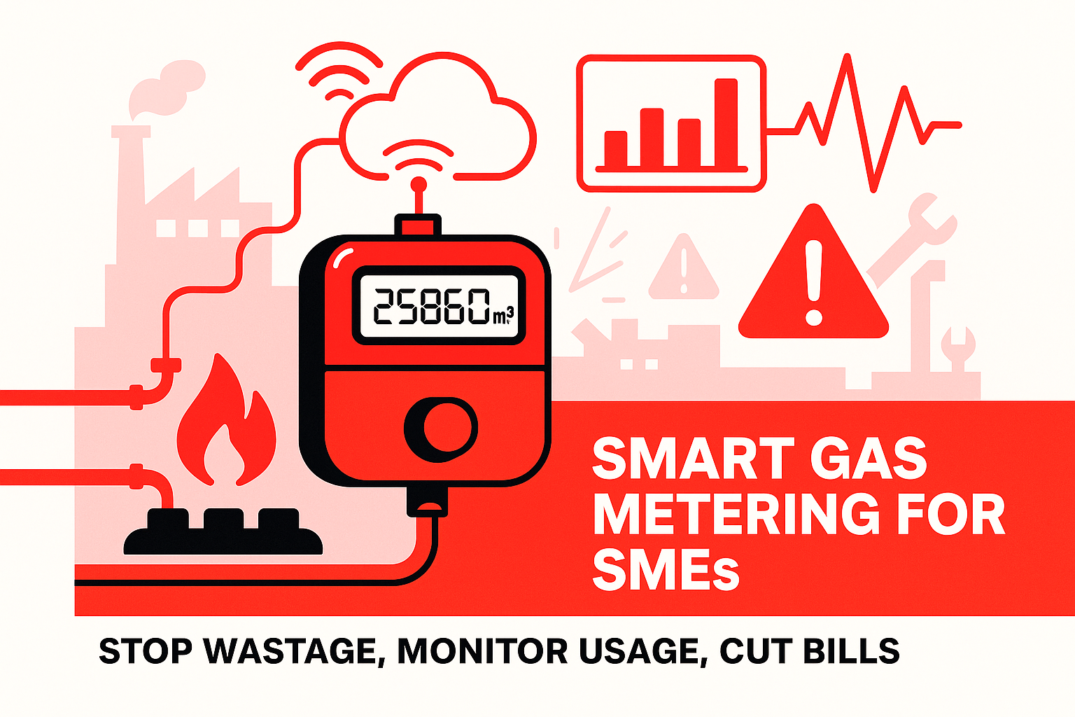 smart gas meter Pakistan illustration showing IoT monitoring, real-time usage tracking, digital metering, SME gas management features