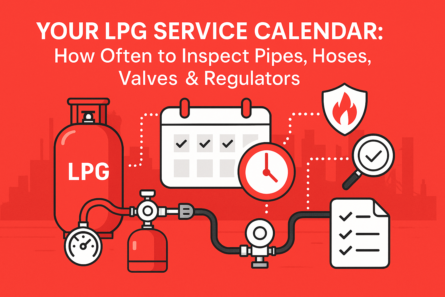 Featured image showing LPG system service schedule, inspection of pipes, hoses, valves and regulators in Pakistan, maintenance and safety graphics.