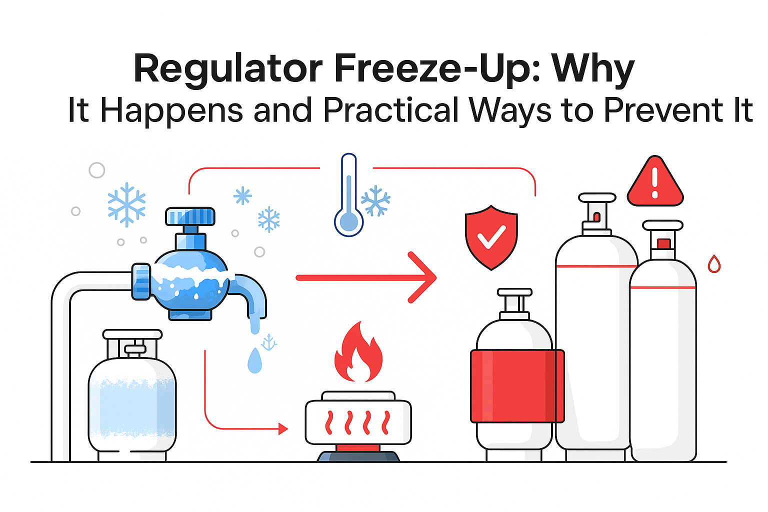 LPG regulator freezing solutions illustrated — frost on regulator, vaporisation process, insulation and vaporizer methods in Pakistan