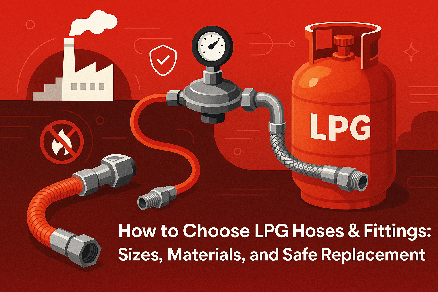 Illustration showing LPG hose fittings in Pakistan with gas regulators, connectors, and safety equipment — Indus 3 guide to safe LPG usage