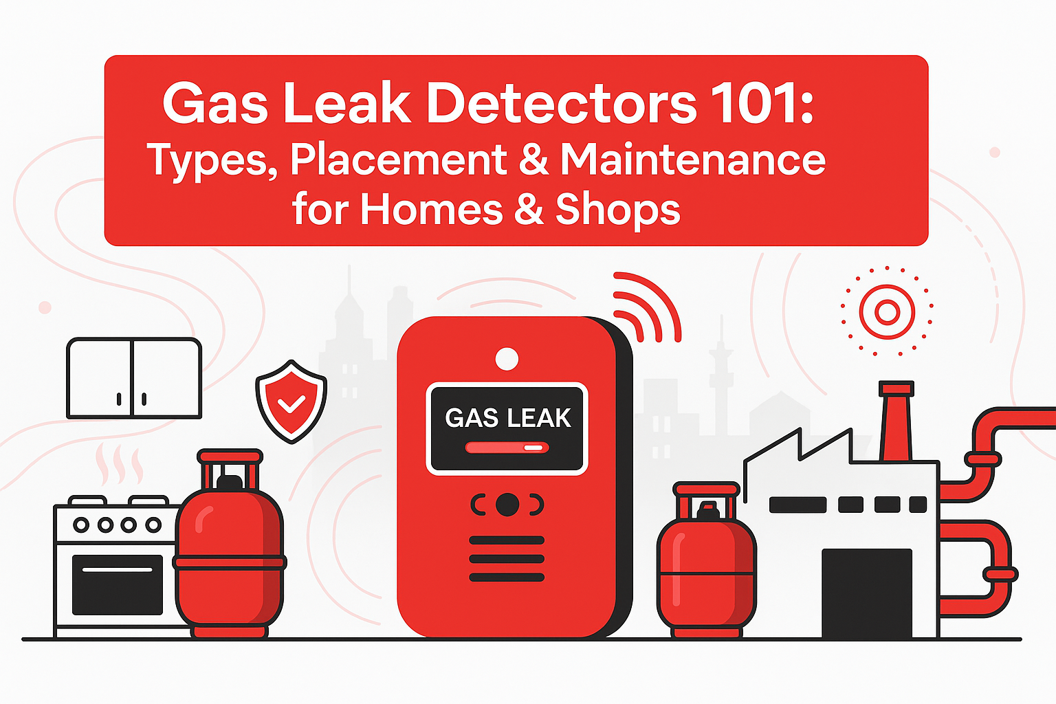 Illustration showing LPG gas leak detector Pakistan for home & industrial safety — includes cylinders, detectors, and safety icons