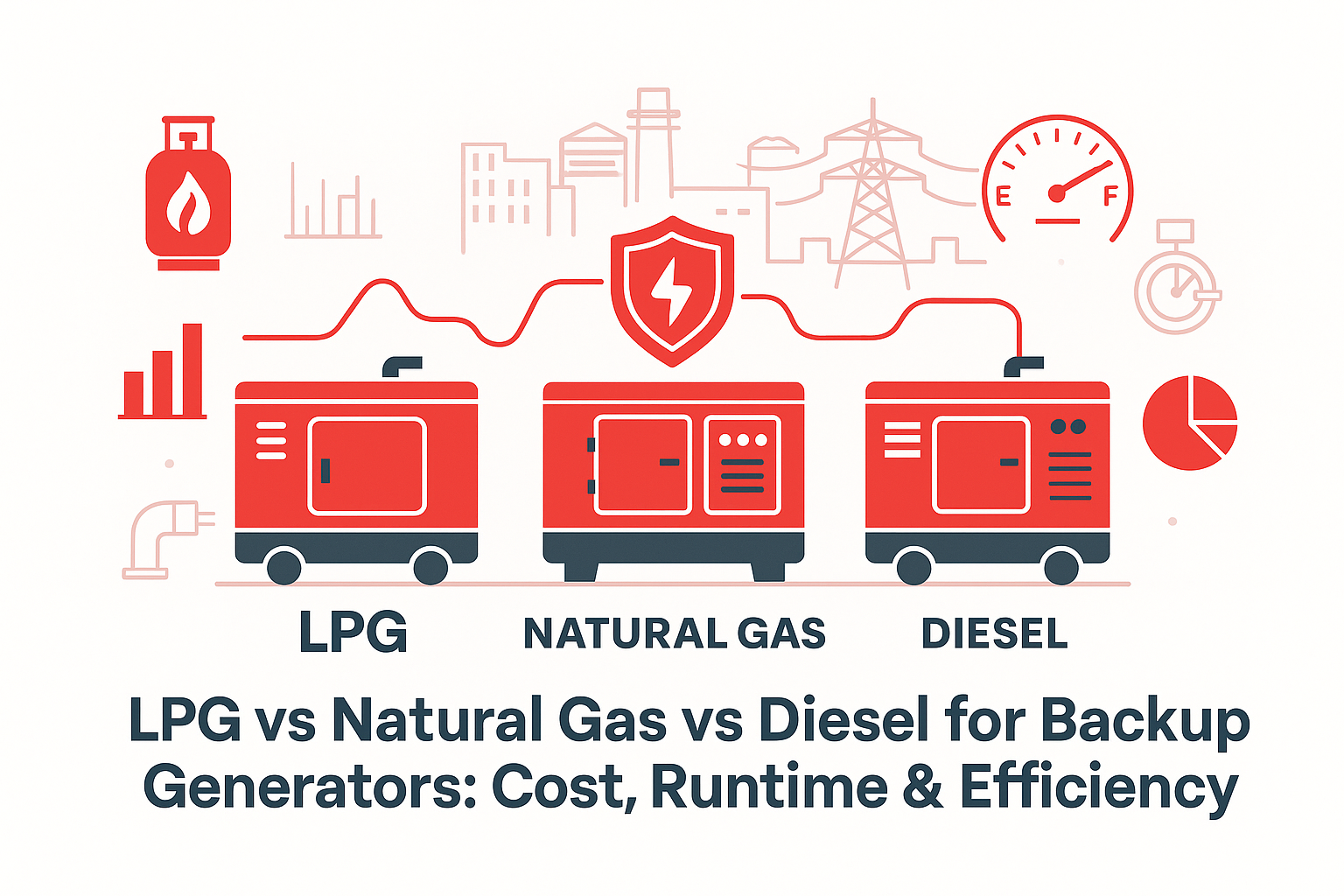 Illustration comparing LPG, natural gas, and diesel generators — highlighting LPG generator conversion Pakistan efficiency, runtime, and cost advantages