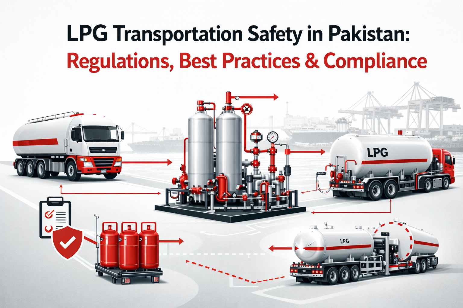 Diagram showing LPG transportation safety Pakistan across road tankers, cylinders, and port handling operations