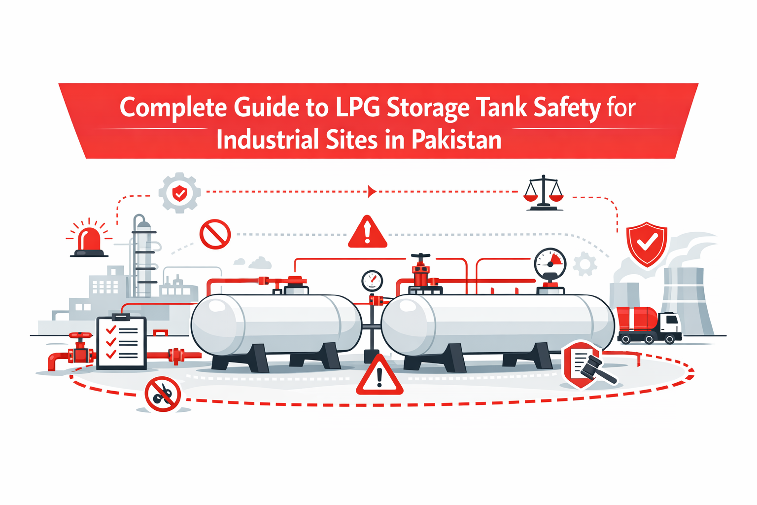 Diagram showing industrial LPG tanks, safety zones, and compliance visuals from an LPG storage tank safety guide