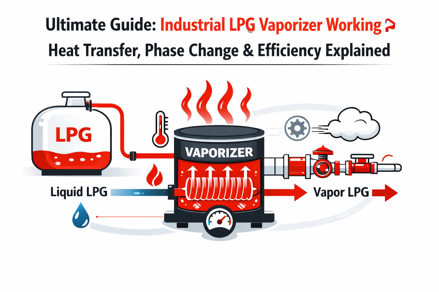 Diagram illustrating the industrial LPG vaporizer working principle, showing liquid LPG heated and converted into regulated vapour