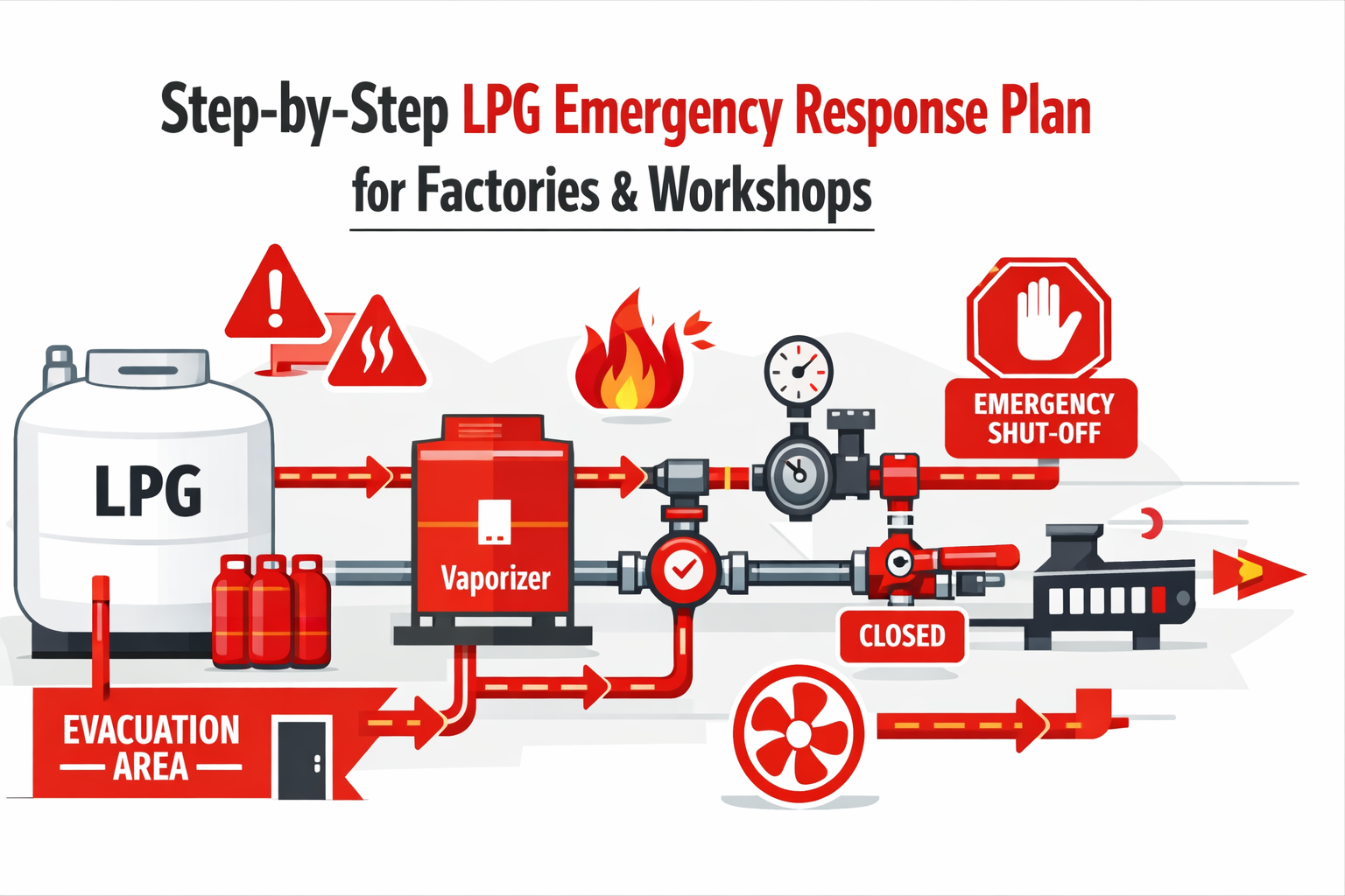 Industrial factory LPG system showing valves, vaporizers and safety zones during an LPG emergency response plan