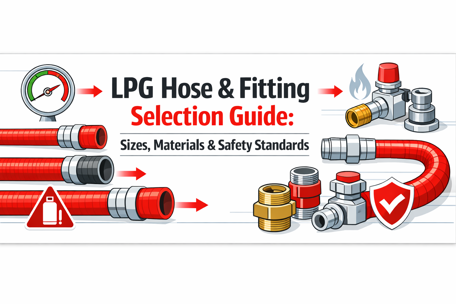 LPG hose and fitting guide showing hose sizes, fitting types, gas flow direction, and safety standards in an LPG system