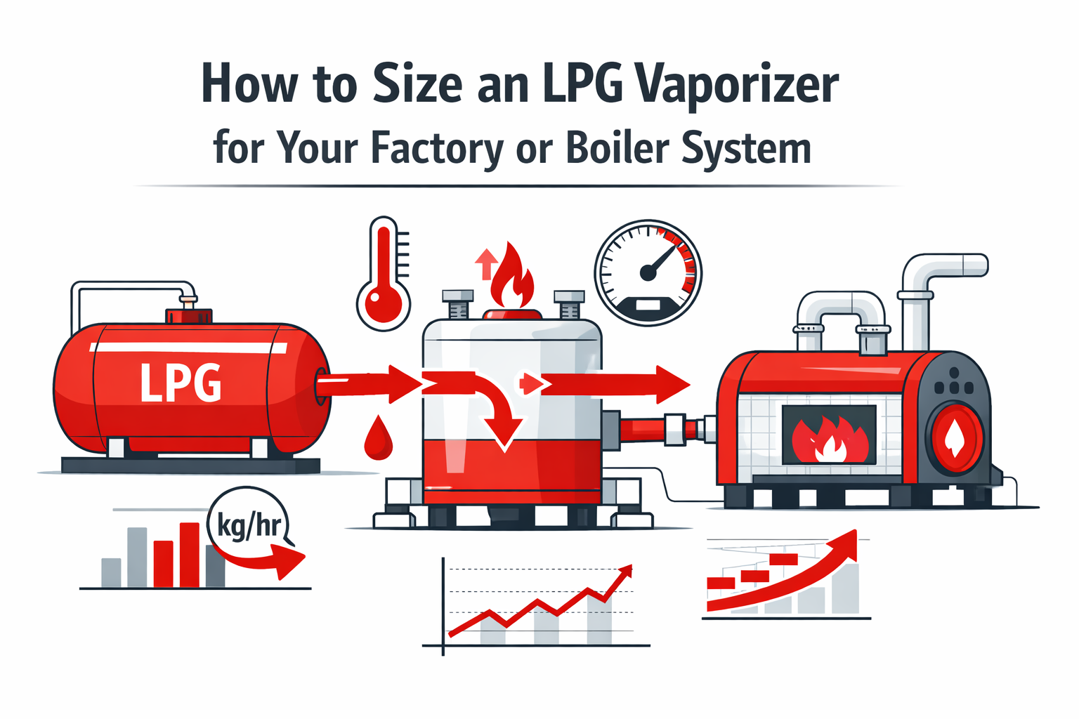 Industrial LPG vaporizer installation diagram illustrating an LPG vaporizer sizing guide for factory boiler systems