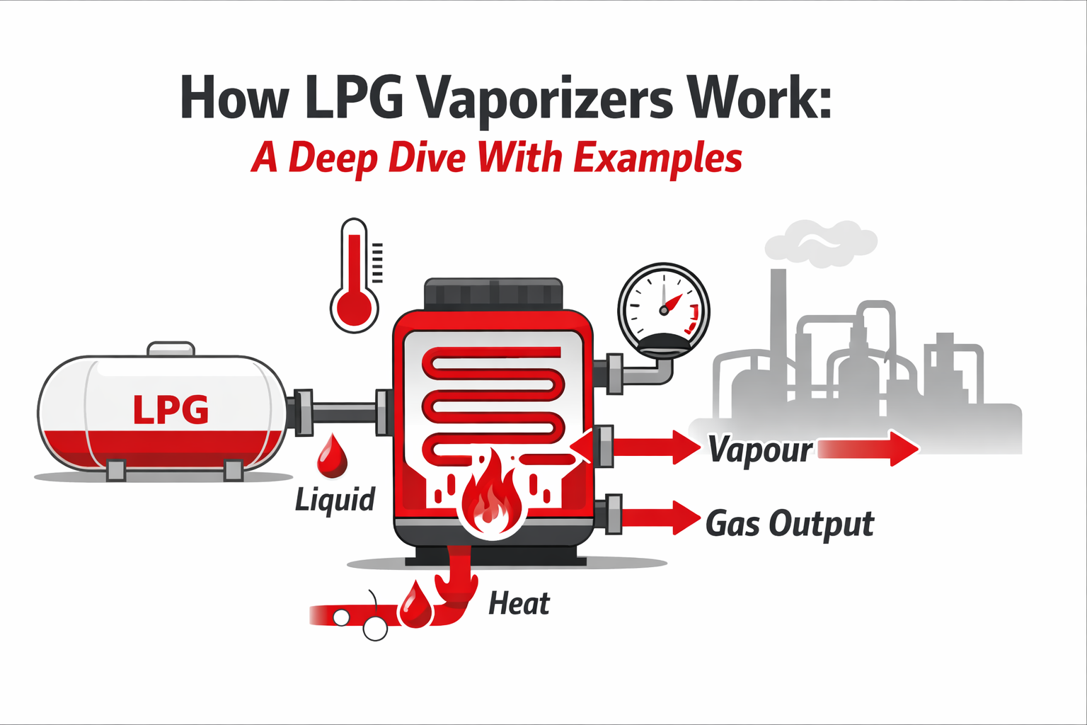Diagram showing how LPG vaporizers work by converting liquid LPG to gas in industrial systems