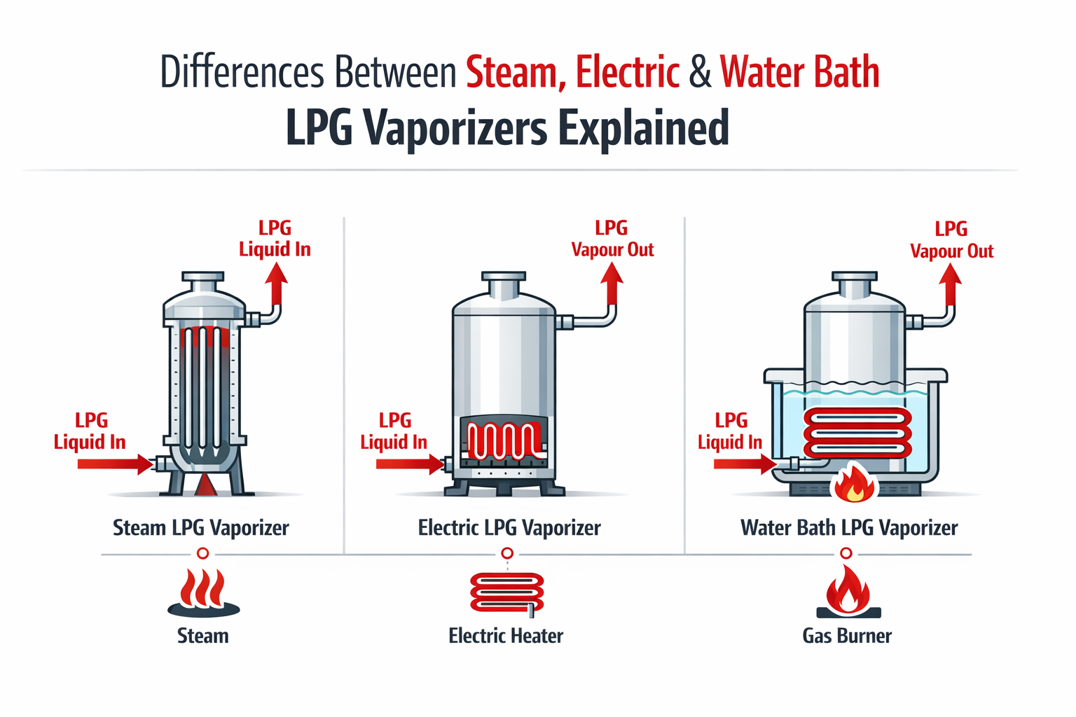 Industrial LPG vaporizer systems showing steam, electric and water bath units in a LPG vaporizer types comparison layout