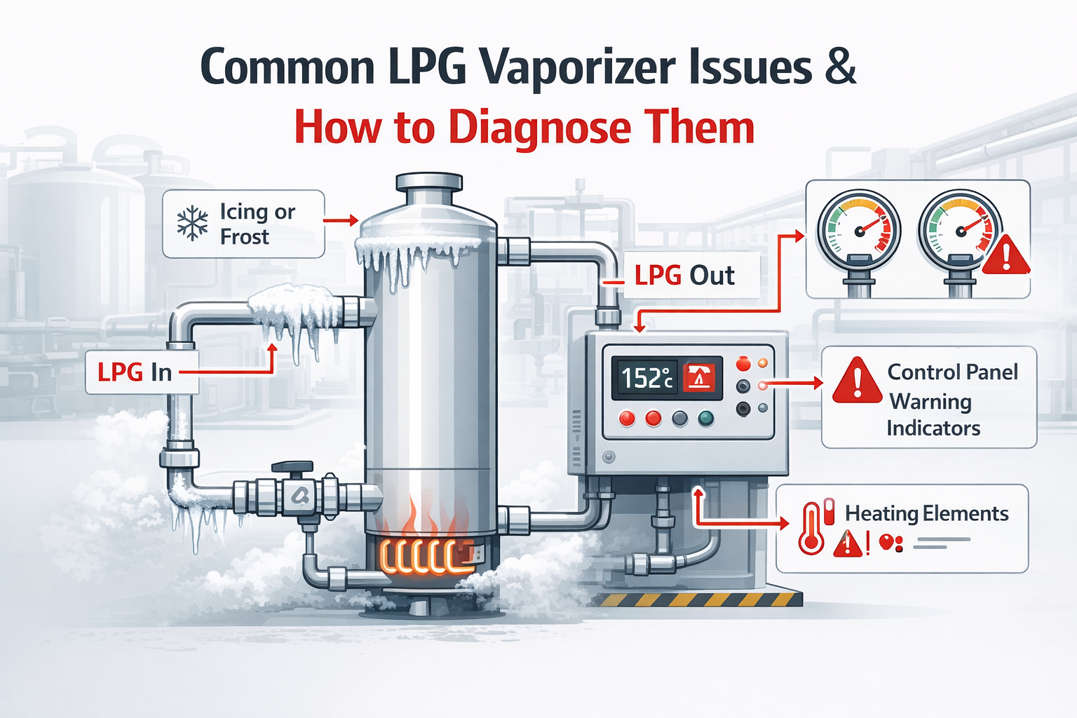 Industrial LPG vaporizer system showing LPG vaporizer issues diagnosis during inspection