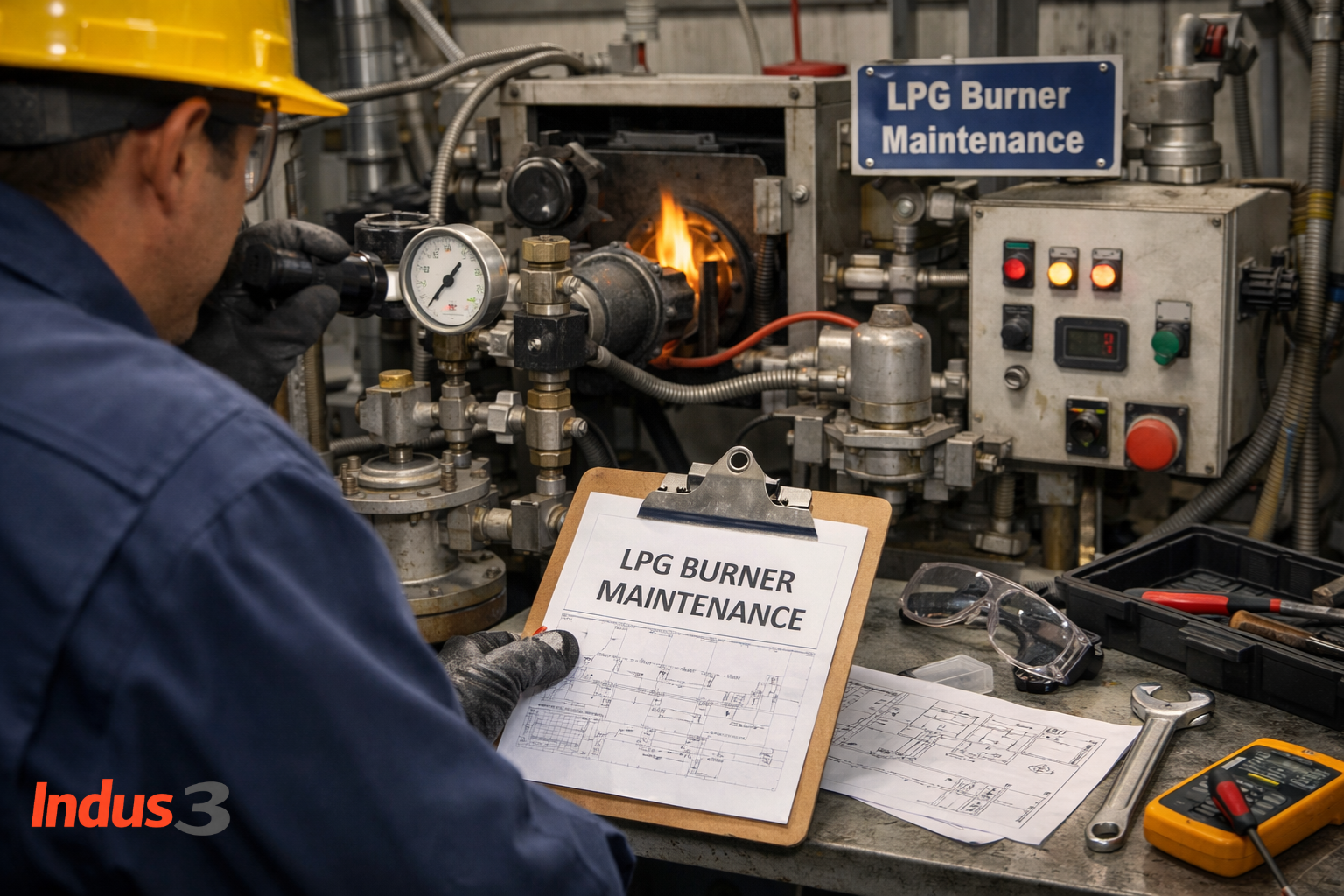Industrial LPG burner maintenance best practices shown through structured inspection and clean, stable combustion in an industrial gas system