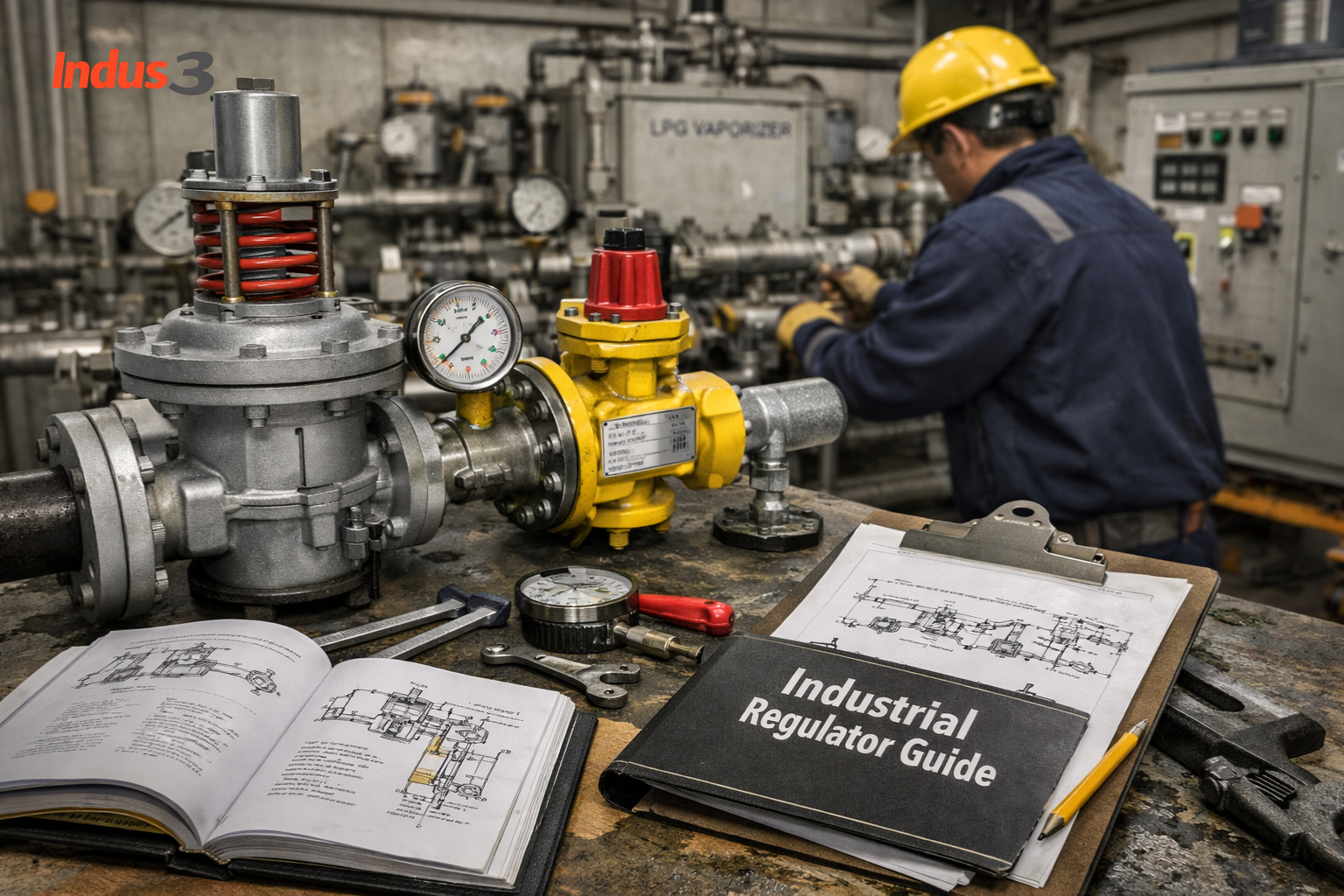 Industrial gas pressure regulator guide showing a complete gas train assembly with regulator and safety valves