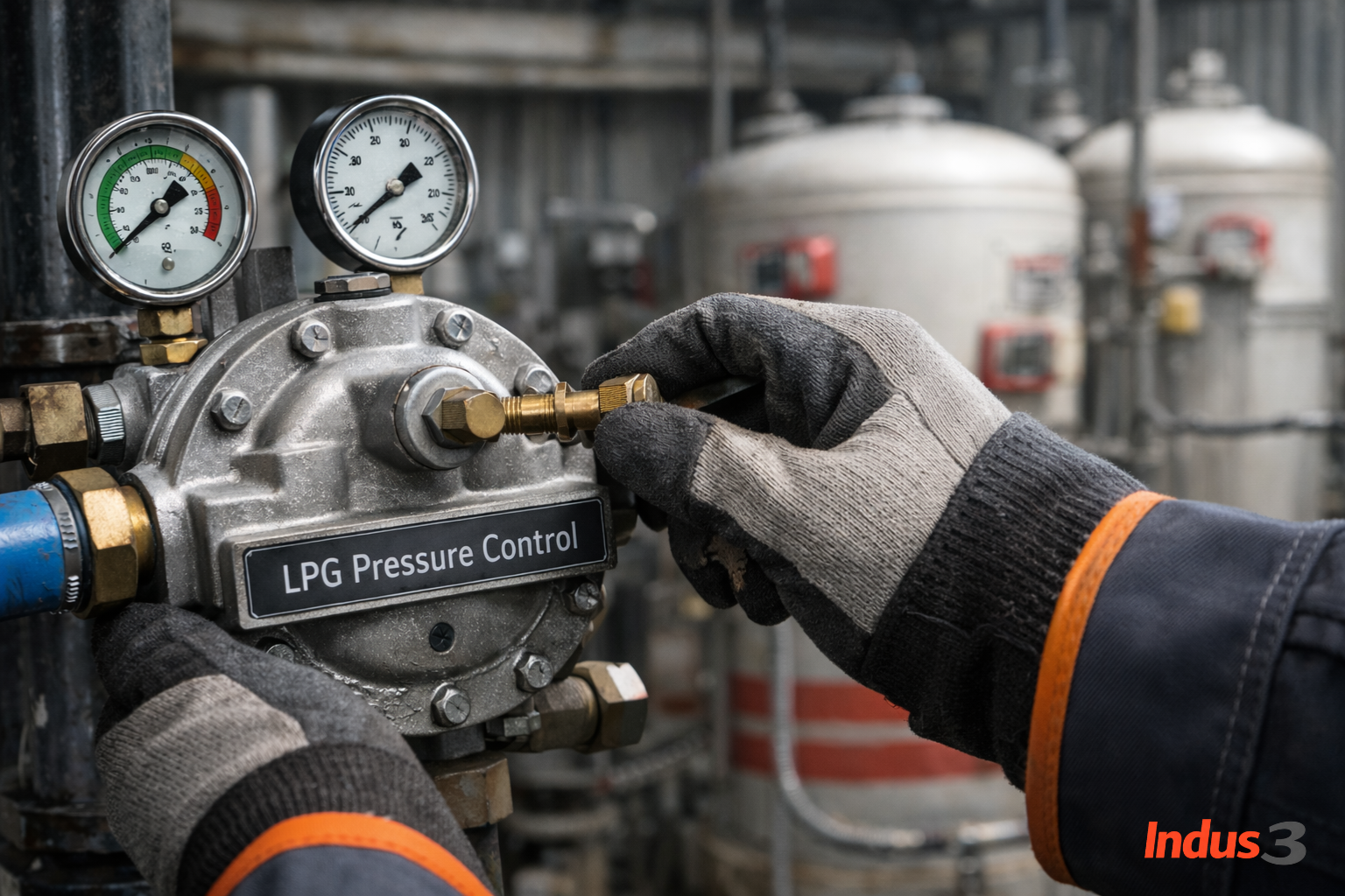 Engineered LPG system for textile mills showing storage tank, vaporizer and regulated burner supply