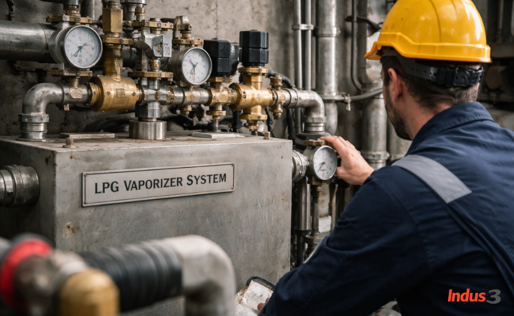 Industrial LPG vaporizer troubleshooting showing technician inspecting pressure gauges and valves
